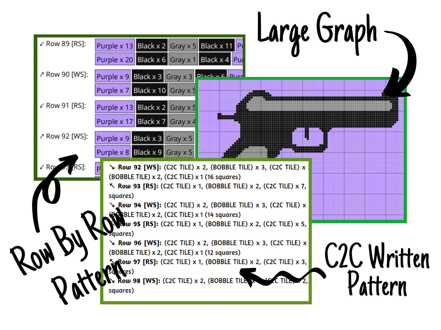 Pistol Graph and Pattern C2C & Tapestry Crochet - C2C Crochet Patterns C2C and Row By Row Color Block Patterns - Pistol C2C Crochet Designs