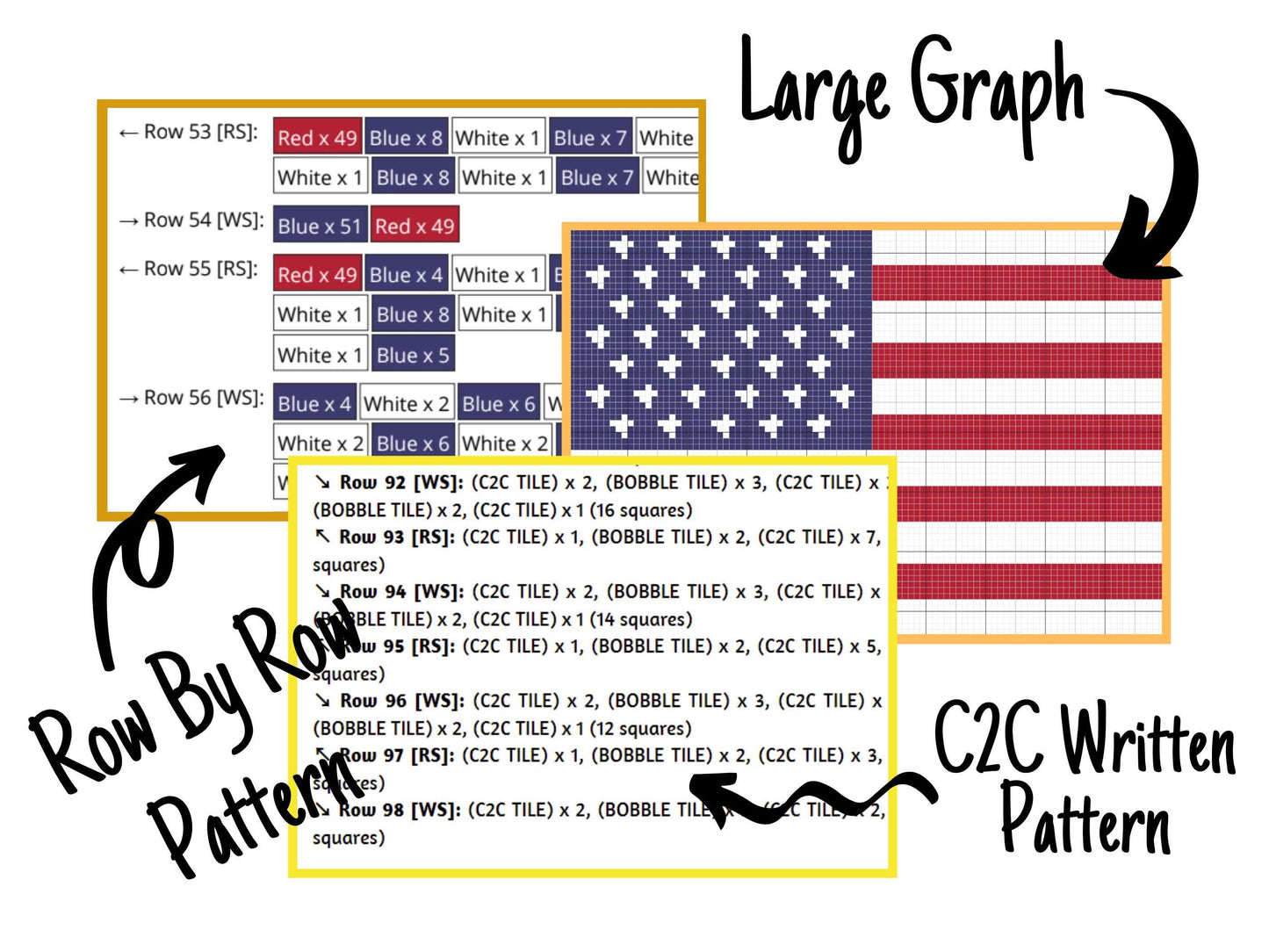 USA Flag Graph + Written Pattern For C2C Tapestry Crochet - Patriotic C2C Crochet Pattern - USA Crochet 4th of July Blankets - Flag Blankets