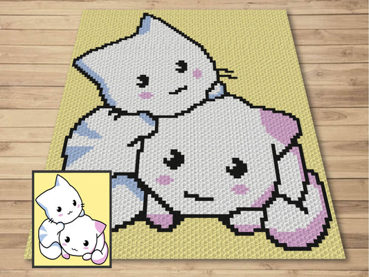 Two Kawaii Cats Graph + Written Pattern For C2C & Tapestry Crochet - Kawaii Cats Crochet Pattern - C2C  Blanket Pattern Gifts For Cat Lovers