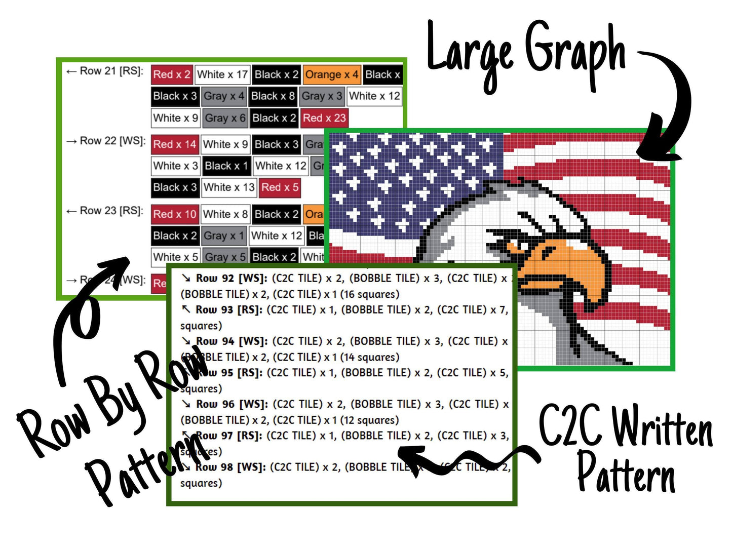 USA Flag Bald Eagle Graph + Written Pattern For C2C Tapestry Crochet - Patriotic C2C Crochet Patterns - USA Crochet 4th of July C2C Blankets