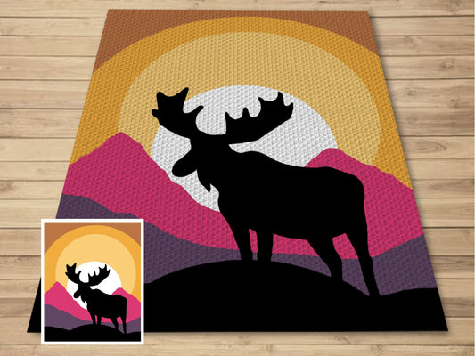 Moose Silhouette In Sunset Graph & Pattern C2C Tapestry Crochet Moose Blanket Graphgans - Mountain Moose Crochet Blankets C2C Moose Patterns