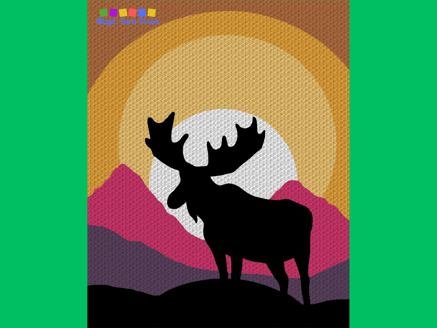 Moose Silhouette In Sunset Graph & Pattern C2C Tapestry Crochet Moose Blanket Graphgans - Mountain Moose Crochet Blankets C2C Moose Patterns