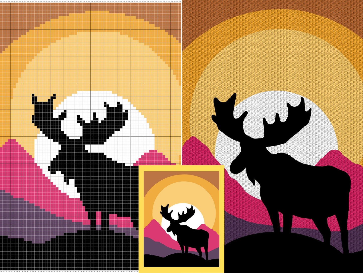 Moose Silhouette In Sunset Graph & Pattern C2C Tapestry Crochet Moose Blanket Graphgans - Mountain Moose Crochet Blankets C2C Moose Patterns
