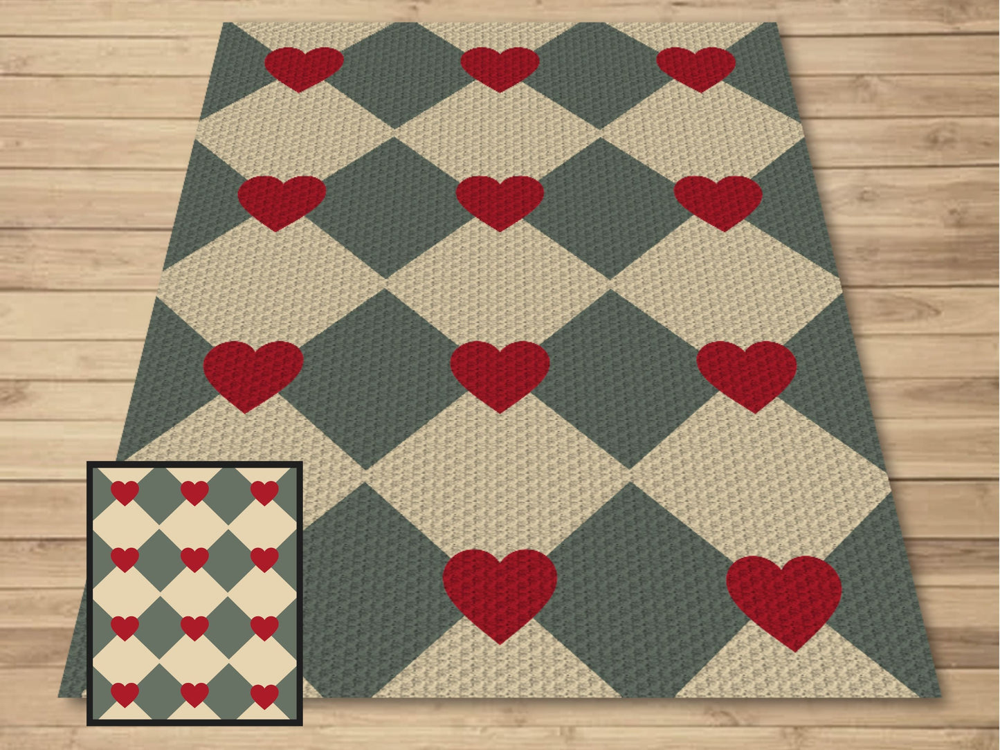 Retro Diamonds & Hearts Print Graph and Pattern C2C and Tapestry Crochet - Graphgan C2C Diamonds Blanket Pattern - C2C Retro Diamonds Afghan