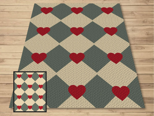 Retro Diamonds & Hearts Print Graph and Pattern C2C and Tapestry Crochet - Graphgan C2C Diamonds Blanket Pattern - C2C Retro Diamonds Afghan
