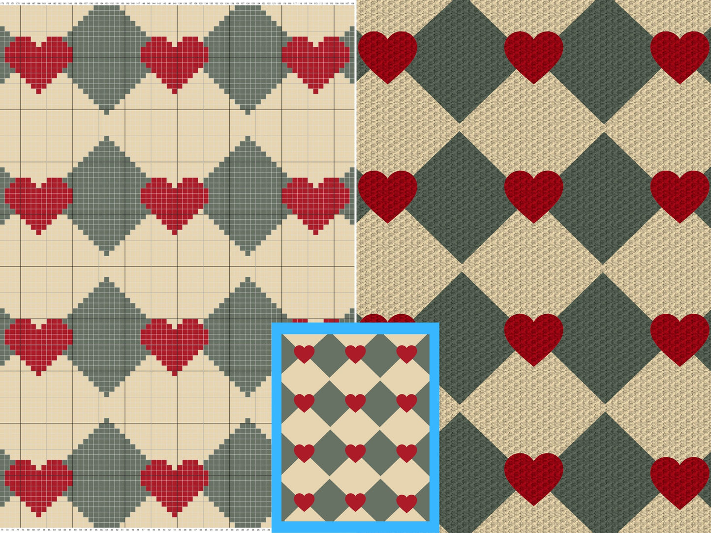 Retro Diamonds & Hearts Print Graph and Pattern C2C and Tapestry Crochet - Graphgan C2C Diamonds Blanket Pattern - C2C Retro Diamonds Afghan