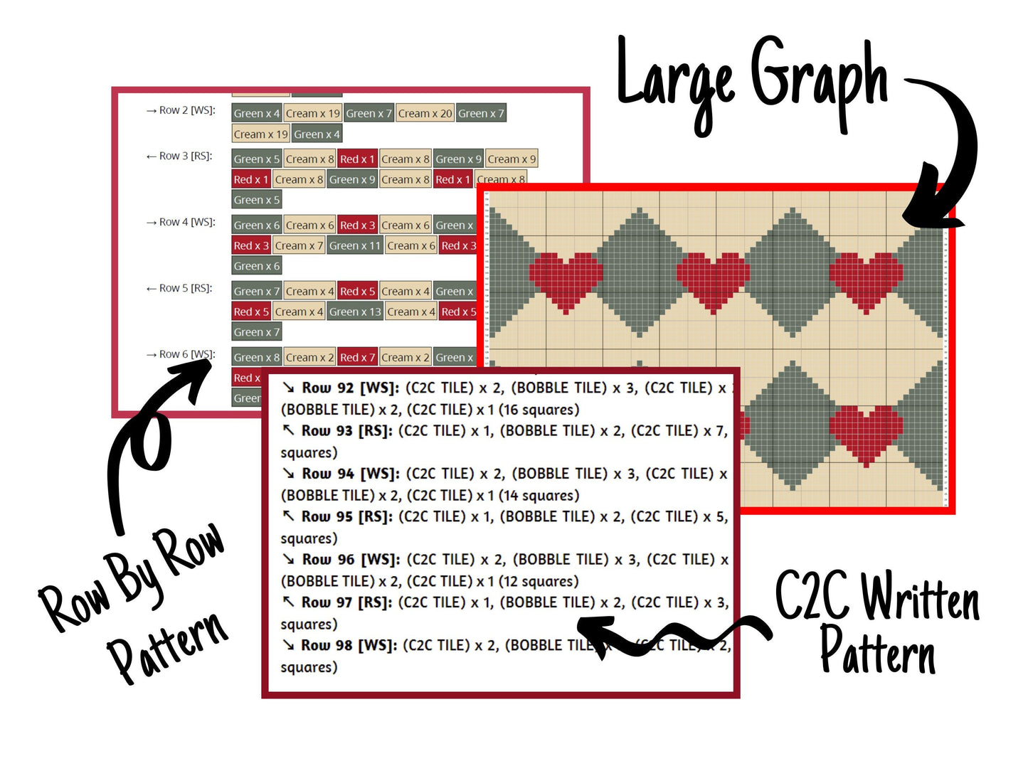Retro Diamonds & Hearts Print Graph and Pattern C2C and Tapestry Crochet - Graphgan C2C Diamonds Blanket Pattern - C2C Retro Diamonds Afghan
