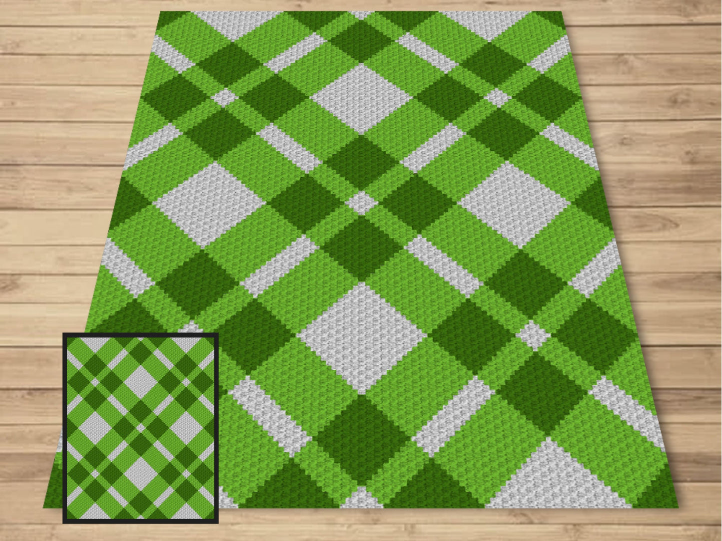 Green Plaid Crochet Afghan Written Tapestry & C2C Pattern + Crochet Chart | C2C Christmas Afghan, Crochet Plaid Blanket, Geometric Blanket