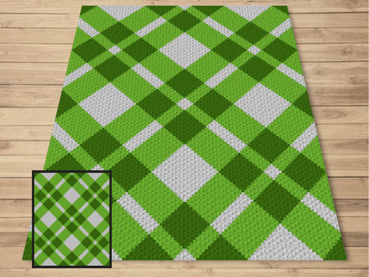 Green Plaid Crochet Afghan Written Tapestry & C2C Pattern + Crochet Chart | C2C Christmas Afghan, Crochet Plaid Blanket, Geometric Blanket