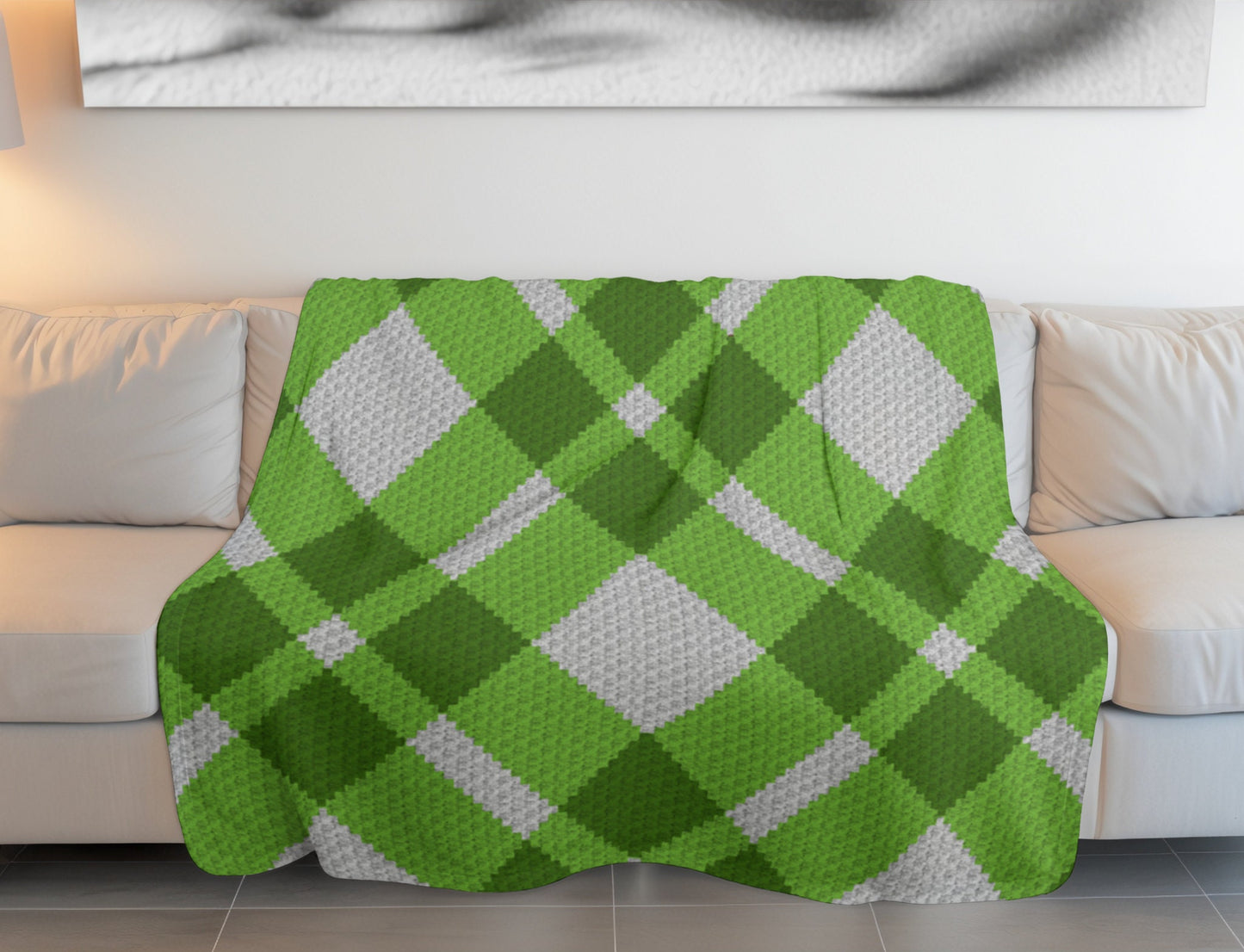 Green Plaid Crochet Afghan Written Tapestry & C2C Pattern + Crochet Chart | C2C Christmas Afghan, Crochet Plaid Blanket, Geometric Blanket