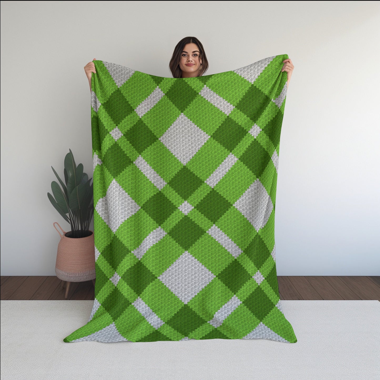 Green Plaid Crochet Afghan Written Tapestry & C2C Pattern + Crochet Chart | C2C Christmas Afghan, Crochet Plaid Blanket, Geometric Blanket