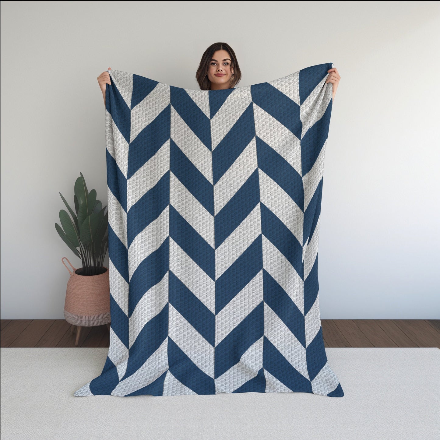 Modern Blue Chevron Crochet Blanket With Tapestry & C2C Crochet Written Pattern + Graph - C2C Chevron Afghan Geometric Plaid Blanket Pattern