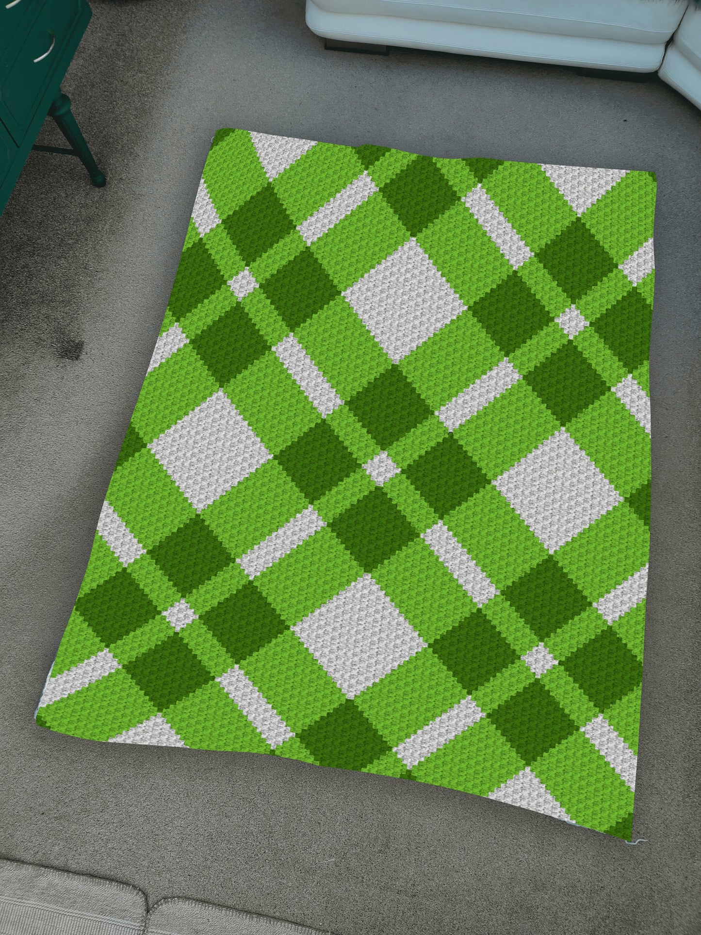 Green Plaid Crochet Afghan Written Tapestry & C2C Pattern + Crochet Chart | C2C Christmas Afghan, Crochet Plaid Blanket, Geometric Blanket