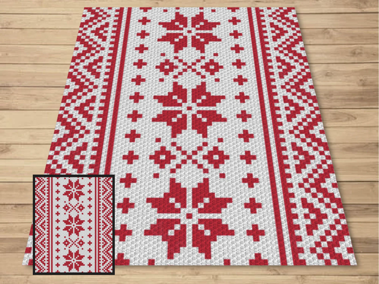 Nordic Winter Pattern Crochet Blanket With Tapestry & C2C Crochet Written Pattern + Graph - C2C Nordic Afghan Red White Christmas Patterns