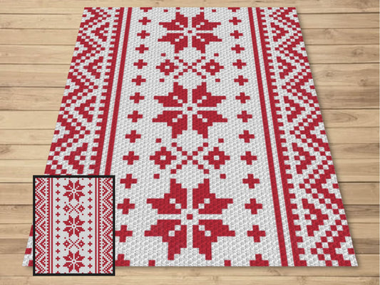 Nordic Winter Pattern Crochet Blanket With Tapestry & C2C Crochet Written Pattern + Graph - C2C Nordic Afghan Red White Christmas Patterns