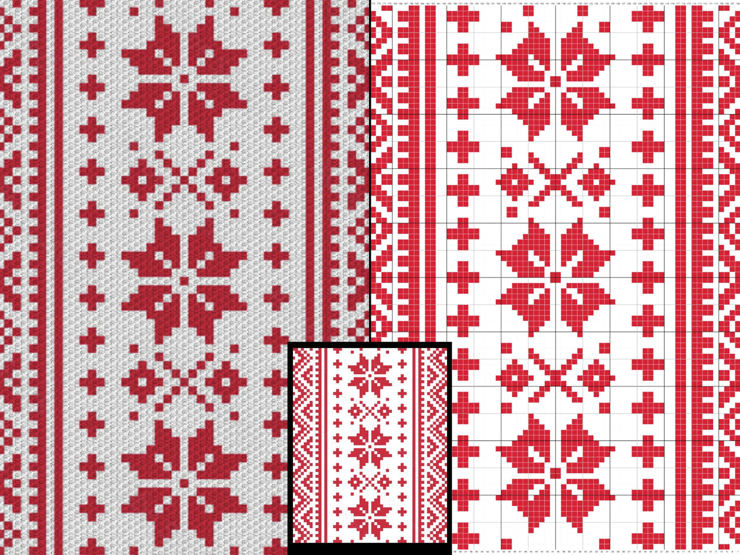 Nordic Winter Pattern Crochet Blanket With Tapestry & C2C Crochet Written Pattern + Graph - C2C Nordic Afghan Red White Christmas Patterns