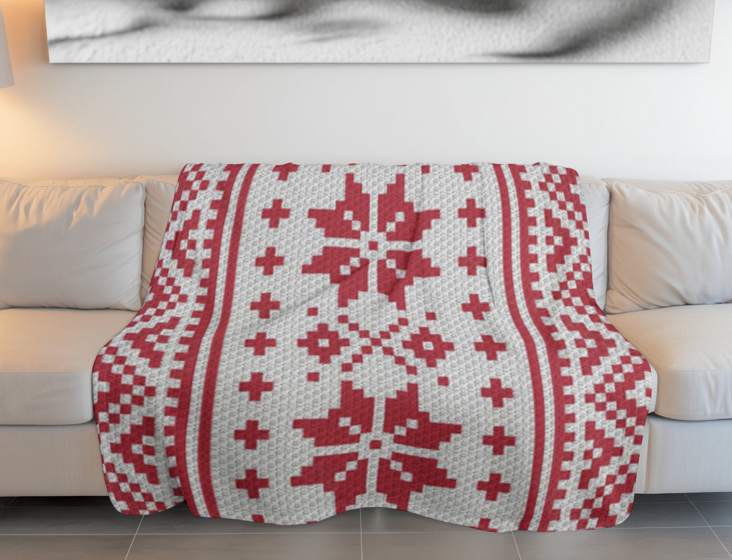 Nordic Winter Pattern Crochet Blanket With Tapestry & C2C Crochet Written Pattern + Graph - C2C Nordic Afghan Red White Christmas Patterns