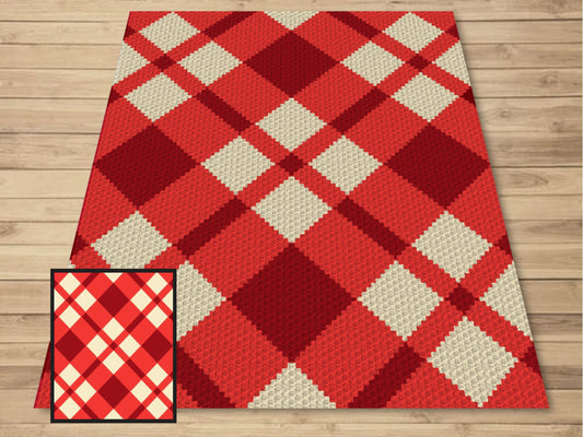 Christmas Red Tartan Crochet Blanket With Tapestry & C2C Crochet Written Pattern + Graph | C2C Christmas Afghan Geometric Plaid Blanket Gift