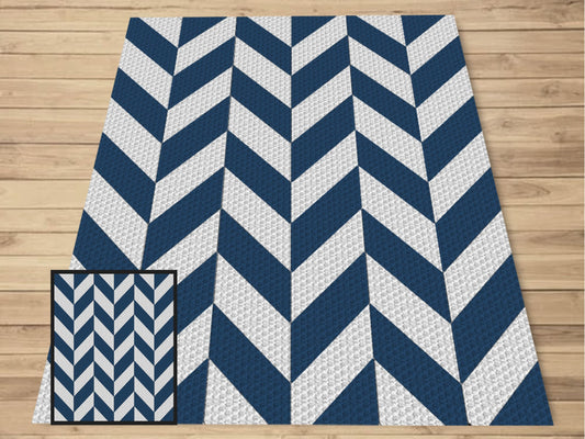 Modern Blue Chevron Crochet Blanket With Tapestry & C2C Crochet Written Pattern + Graph - C2C Chevron Afghan Geometric Plaid Blanket Pattern