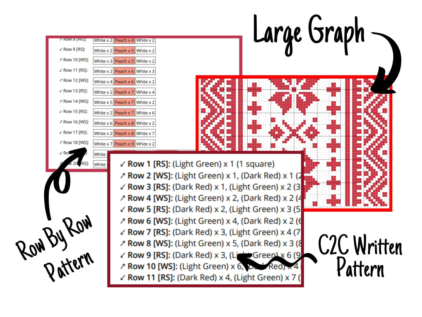 Nordic Winter Pattern Crochet Blanket With Tapestry & C2C Crochet Written Pattern + Graph - C2C Nordic Afghan Red White Christmas Patterns