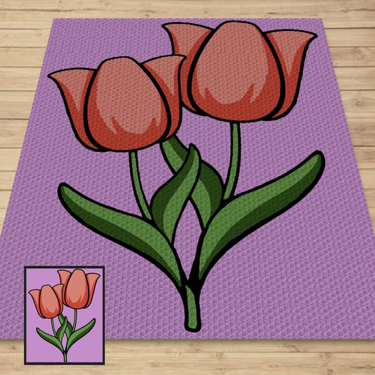 Tulip Bouquet Graph and Pattern C2C & Tapestry Crochet - C2C Flower Throw - Crochet Tulip Blanket, C2C Tulip Flower Crochet Blanket Graphgan