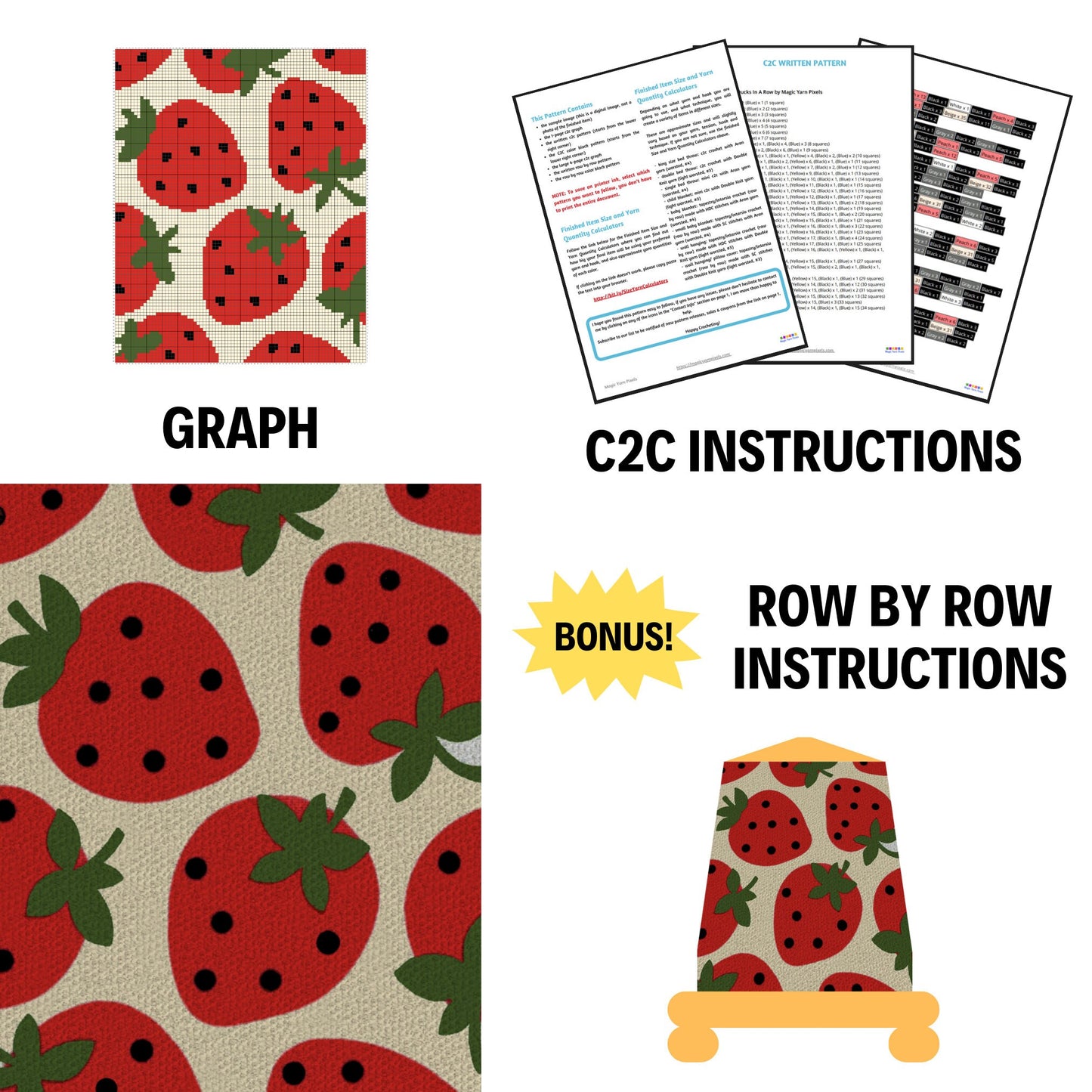 Summer Strawberry Print Graph and Pattern for C2C & Tapestry Crochet | C2C Crochet Strawberry Print C2C Strawberry Afghan Strawberry Blanket