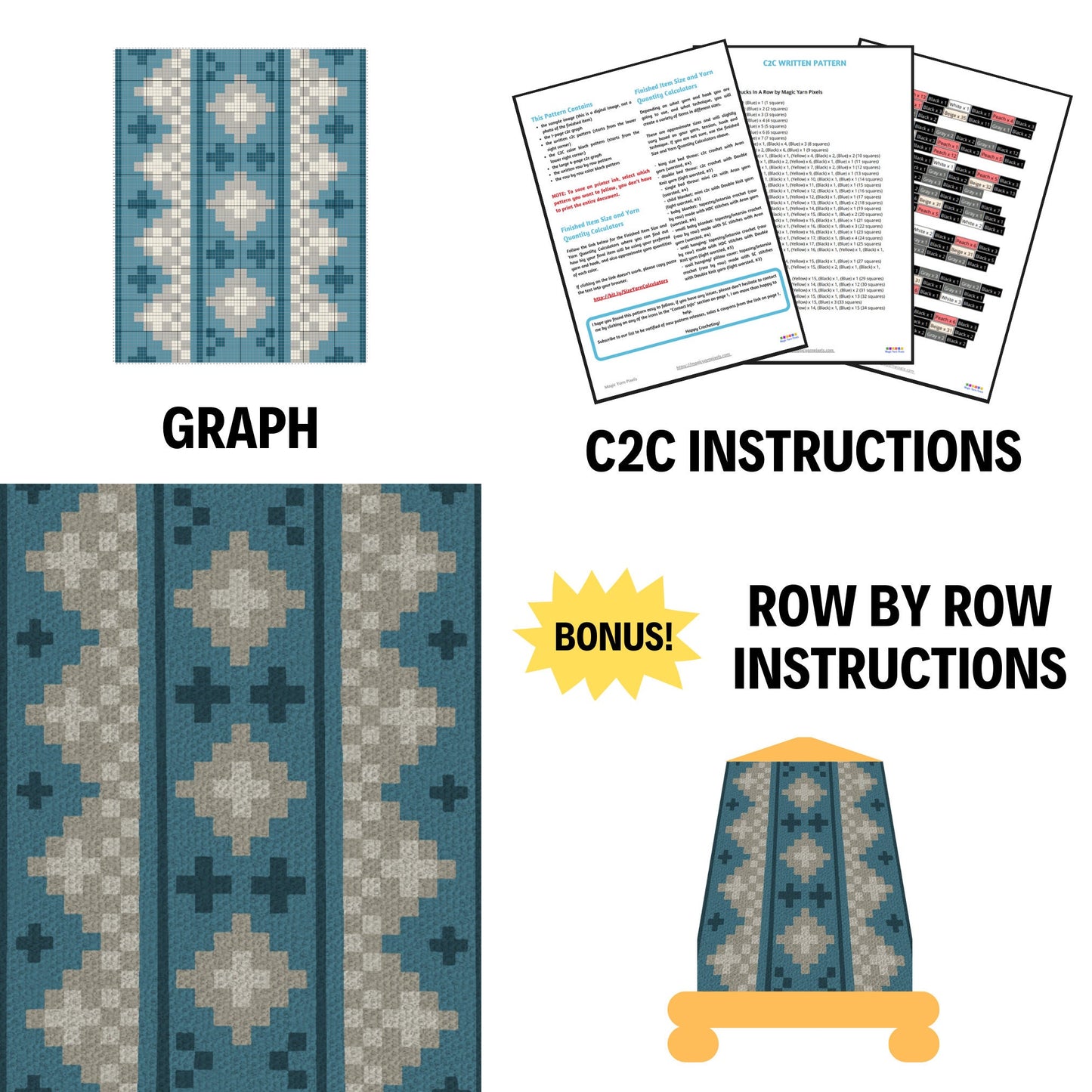 Folk Art Geometric Print Graph + Pattern C2C & Tapestry Crochet | Geometric Blanket C2C Folk Art Blanket C2C Geometric Afghan Vintage Print