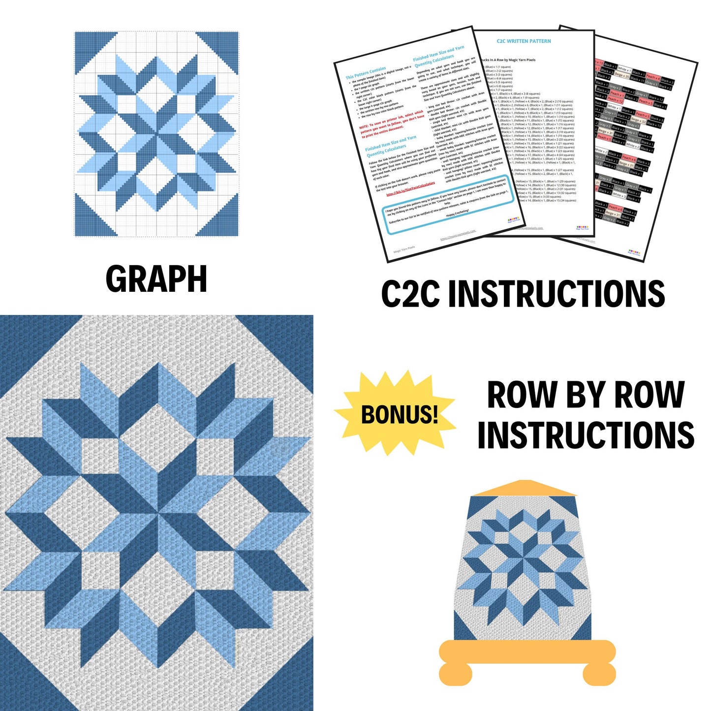 Blue Carpenter Wheel Print Graph + Pattern C2C Tapestry Crochet | C2C Crochet Geometrical Afghan, C2C Carpenter Wheel Baby Blanket C2C Graph