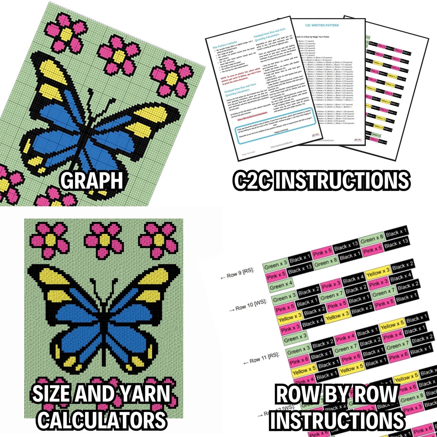 Spring Butterfly Graph and Pattern C2C and Tapestry Crochet- Butterfly Pattern C2C Graph - Crochet Butterfly Blanket - Crochet C2C Butterfly