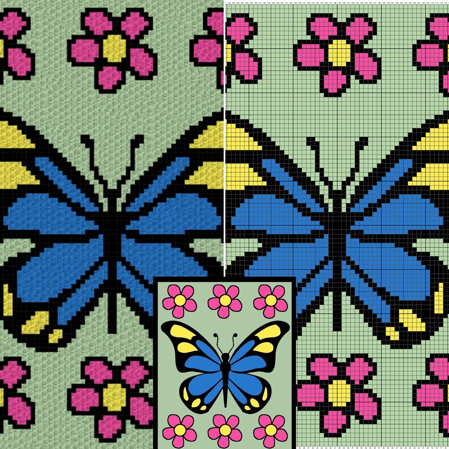 Spring Butterfly Graph and Pattern C2C and Tapestry Crochet- Butterfly Pattern C2C Graph - Crochet Butterfly Blanket - Crochet C2C Butterfly