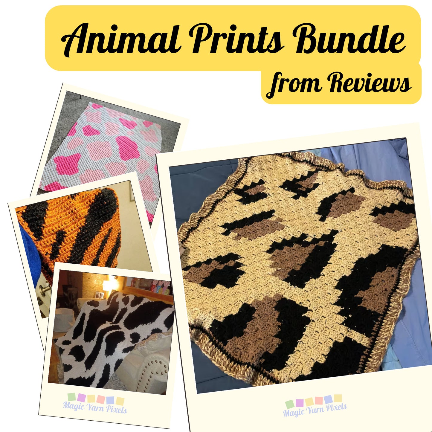 10 Patterns Bundle C2C Crochet Animal Prints (Written Pattern & Graph) - Strawberry Cow Hide Giraffe Leopard Cheetah Tiger Zebra Dalmatian