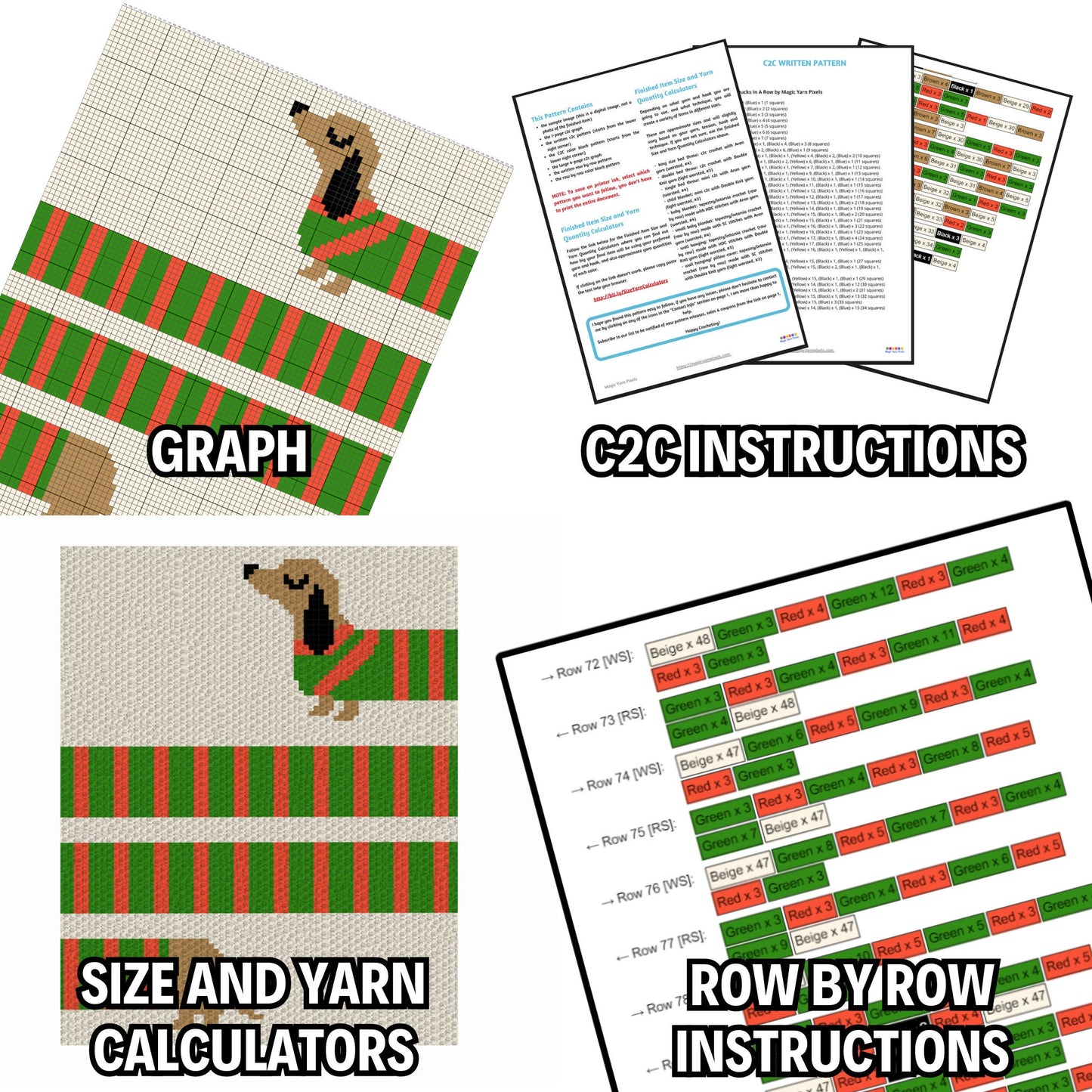 Long Sausage Dog Stripes Graph + Pattern C2C and Tapestry Crochet Puppy Blankets - Dog Lover Gifts - Crochet Dachshund C2C Blankets Fur Baby