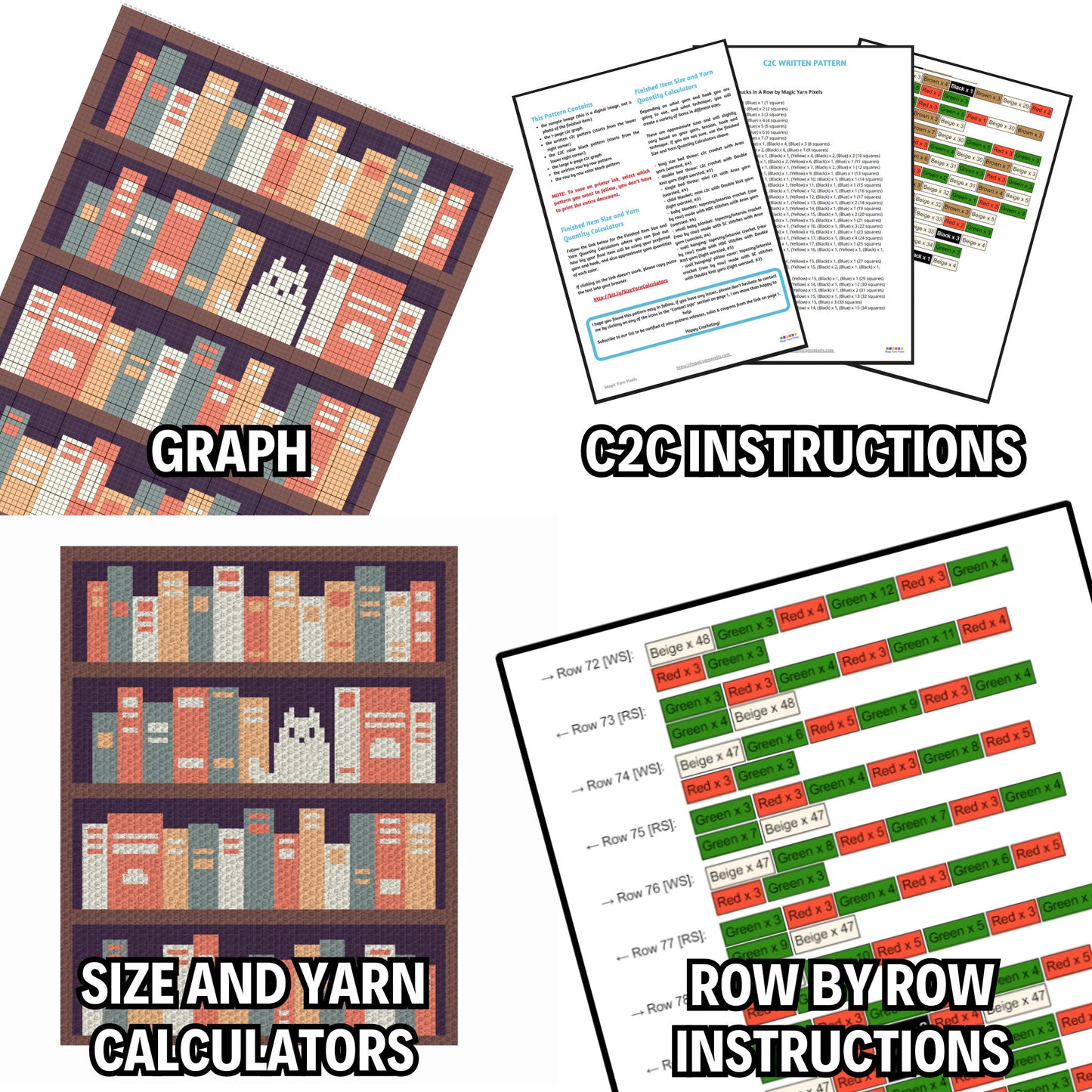 Bookshelf Print Graph + Written Pattern For C2C & Tapestry Crochet | Back To School Gift C2C Books Blanket Graph Student Gifts For Students