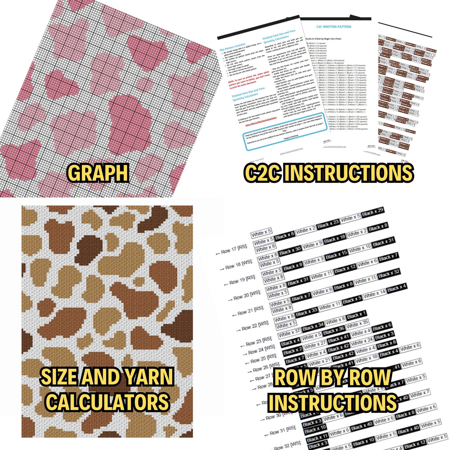 4 Patterns Bundle C2C Cow Print (Written Patterns & Graphs) - Brown Spotted Cow Hide Print Strawberry Cow Print C2C Crochet Blanket Patterns