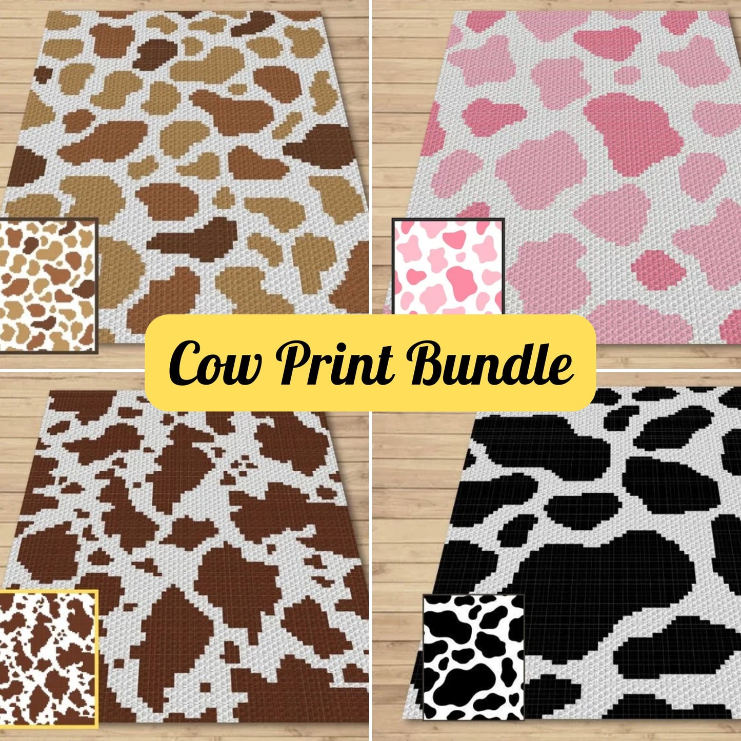 4 Patterns Bundle C2C Cow Print (Written Patterns & Graphs) - Brown Spotted Cow Hide Print Strawberry Cow Print C2C Crochet Blanket Patterns