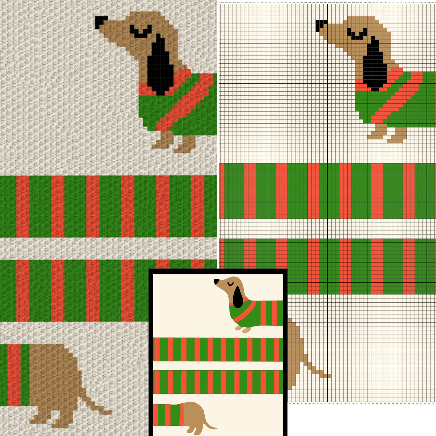 Long Sausage Dog Stripes Graph + Pattern C2C and Tapestry Crochet Puppy Blankets - Dog Lover Gifts - Crochet Dachshund C2C Blankets Fur Baby