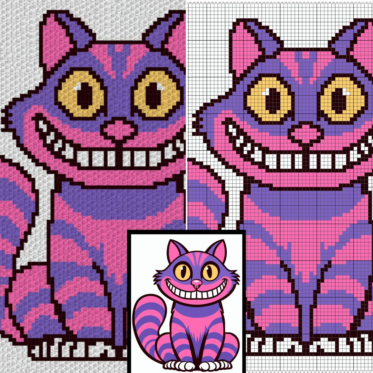 Smiling Cheshire Cat Written Pattern & Graph C2C + Tapestry Crochet | Purple Cat Blanket C2C Cat Afghan Cute Halloween Blanket C2C Baby Cat