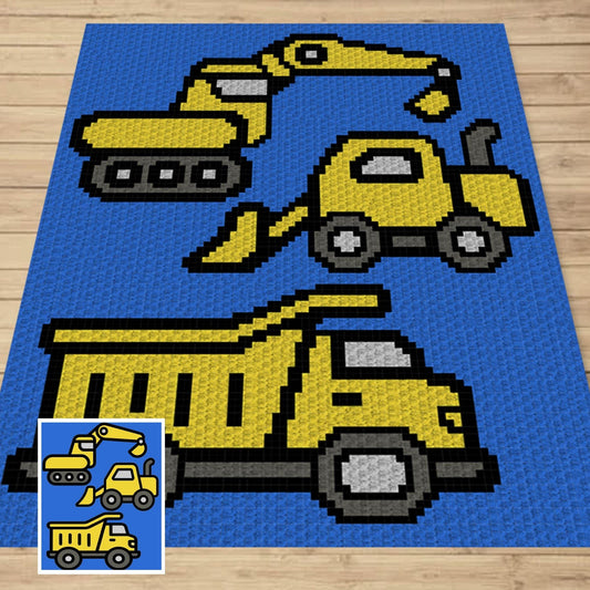 Construction Equipment Vehicles Graph & Written Pattern C2C Tapestry Crochet | C2C Construction Truck Blanket, C2C Construction Cars Blanket