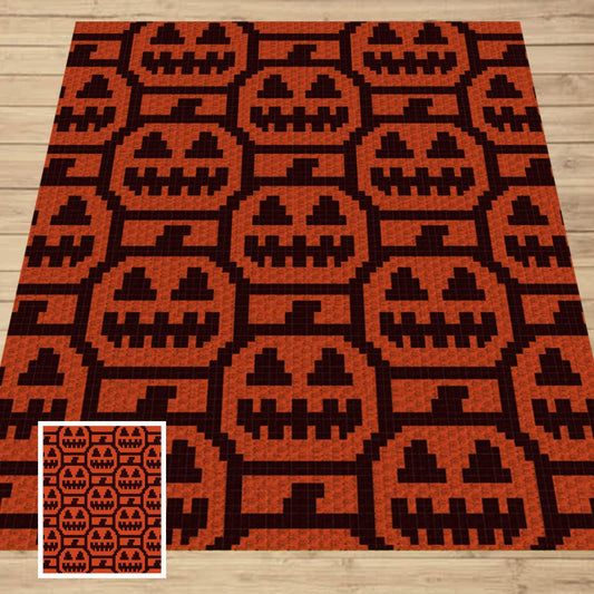 Seamless Halloween Pumpkin Jack Lanterns Graph and Pattern for C2C & Tapestry Crochet | C2C Crochet Halloween Pumpkins - C2C Jack O Lanterns
