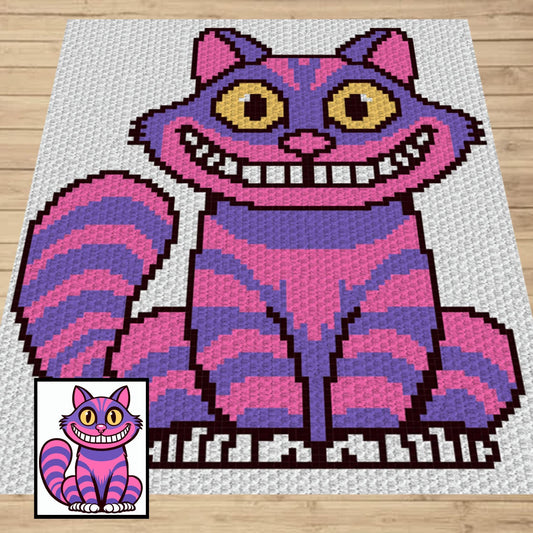 Smiling Cheshire Cat Written Pattern & Graph C2C + Tapestry Crochet | Purple Cat Blanket C2C Cat Afghan Cute Halloween Blanket C2C Baby Cat