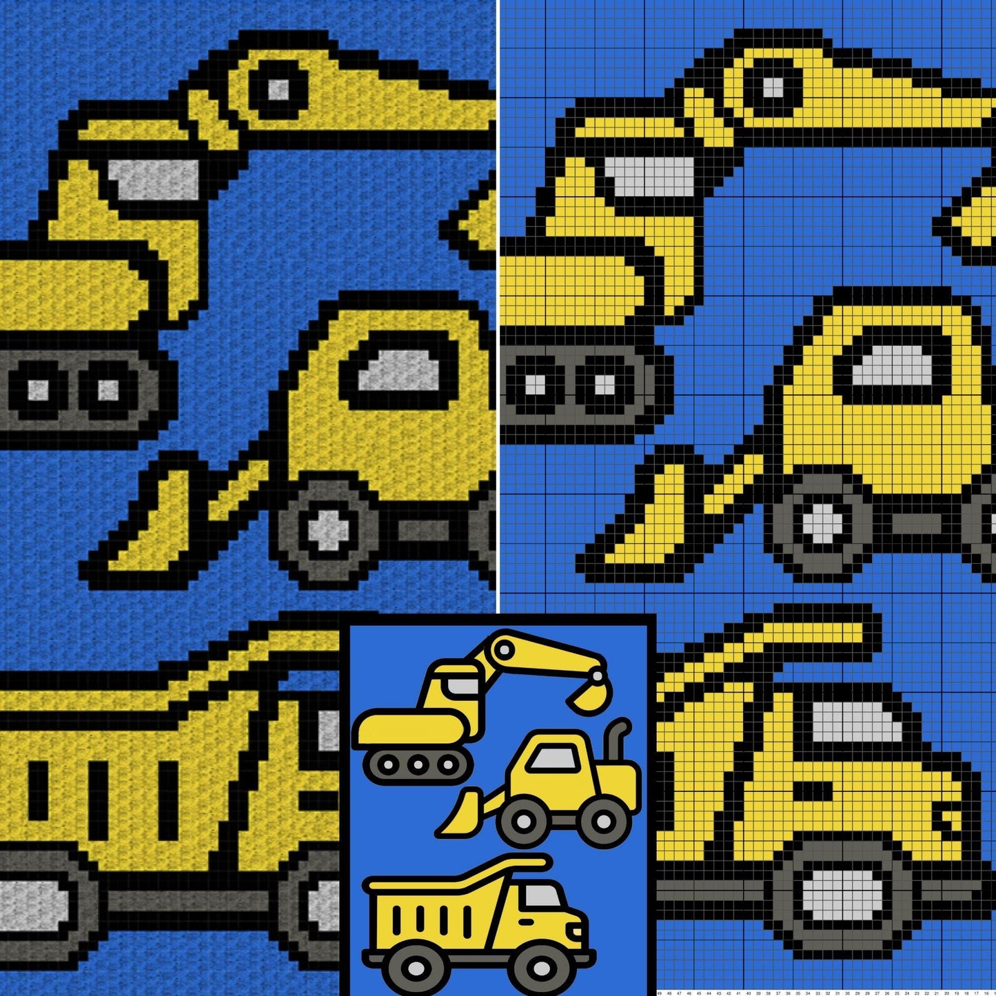 Construction Equipment Vehicles Graph & Written Pattern C2C Tapestry Crochet | C2C Construction Truck Blanket, C2C Construction Cars Blanket