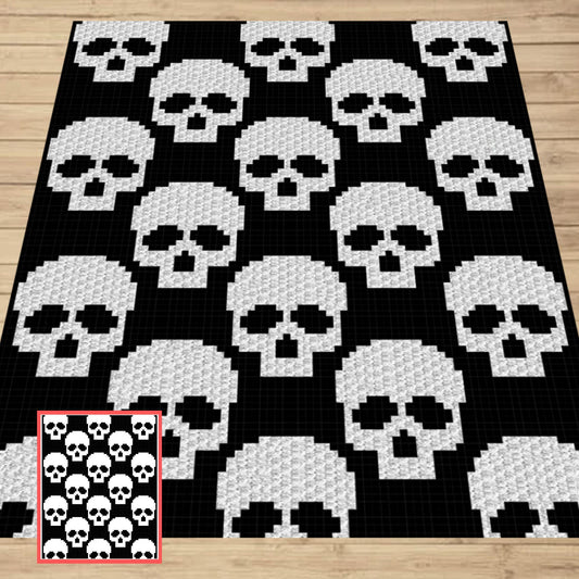 Seamless Halloween Skull Afghan Pattern + Graph for C2C & Tapestry Crochet | C2C Crochet Skull Blanket Spooky Crochet Birthday Gift Present