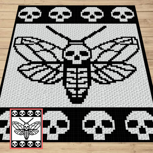 Metamorphosis C2C Crochet Deaths Head Moth Pattern Graph + Written Pattern for C2C & Tapestry Crochet | C2C Skull Moth Blanket C2C Afghan