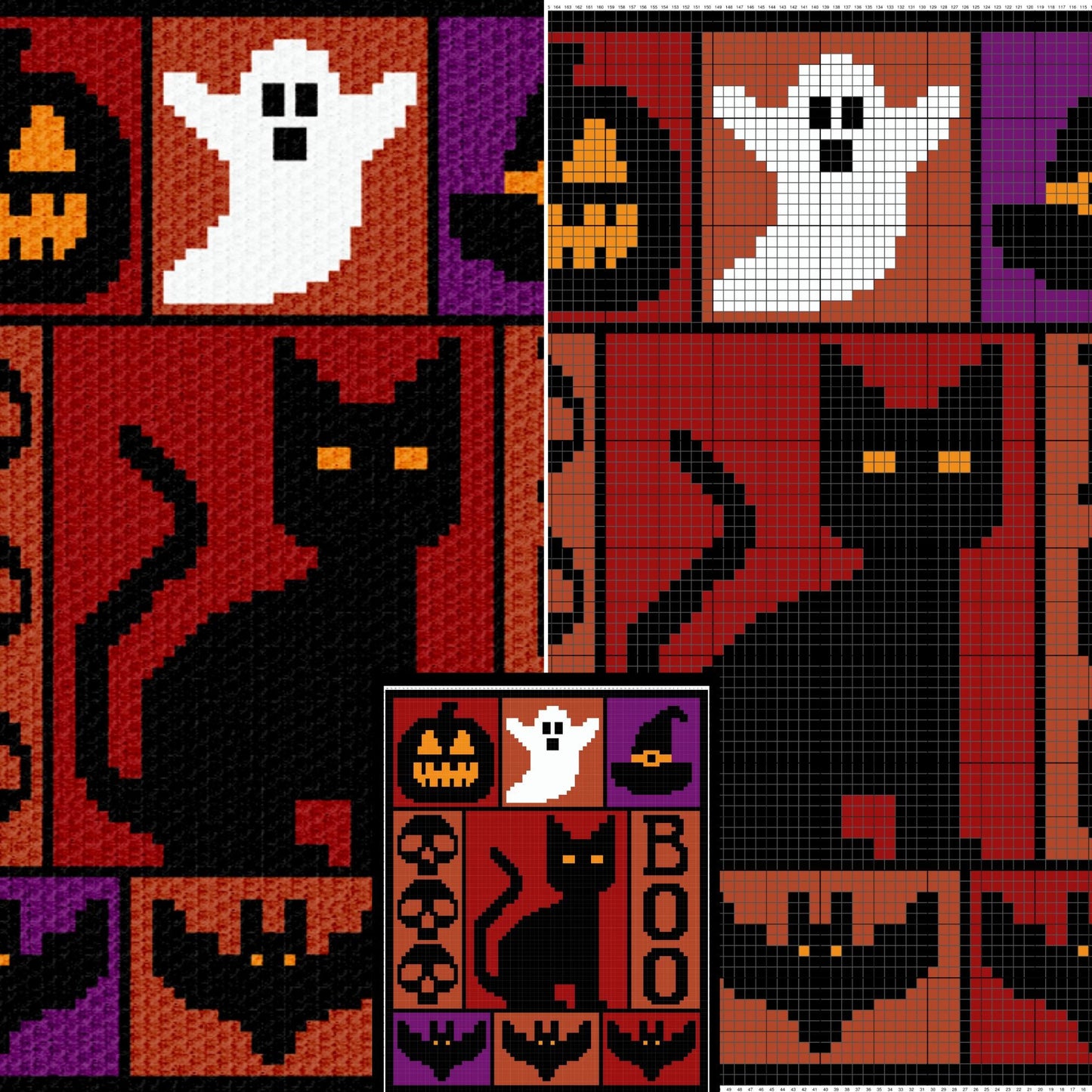 Halloween Crochet Blanket Graph and Pattern for C2C & Tapestry Crochet | C2C Halloween Afghan | Ghost Jack Lantern Pumpkin Black Cat Blanket