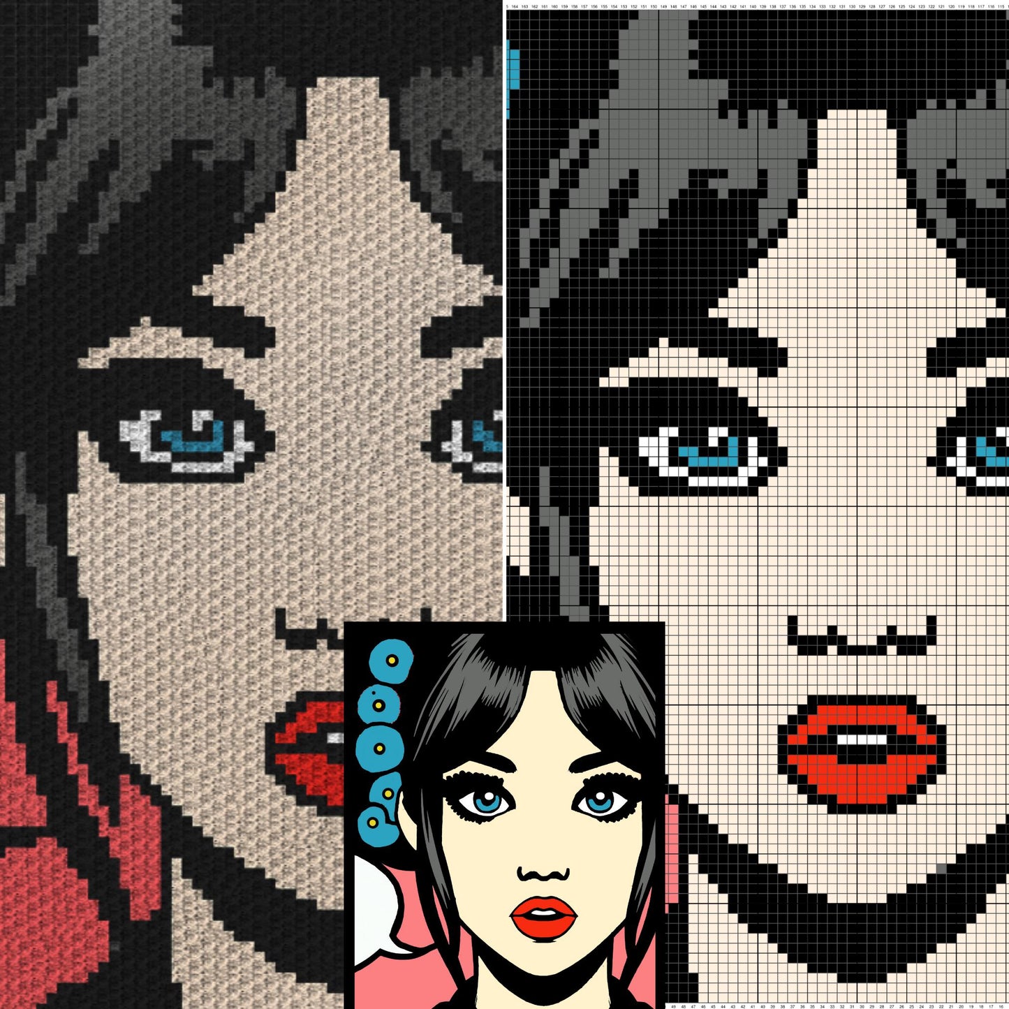 Pop Art Comic Book Girl Portrait Graph & Written Pattern For C2C + Tapestry | C2C Crochet Girl Blanket Pattern C2C Pop Art Afghan Gamer Gift