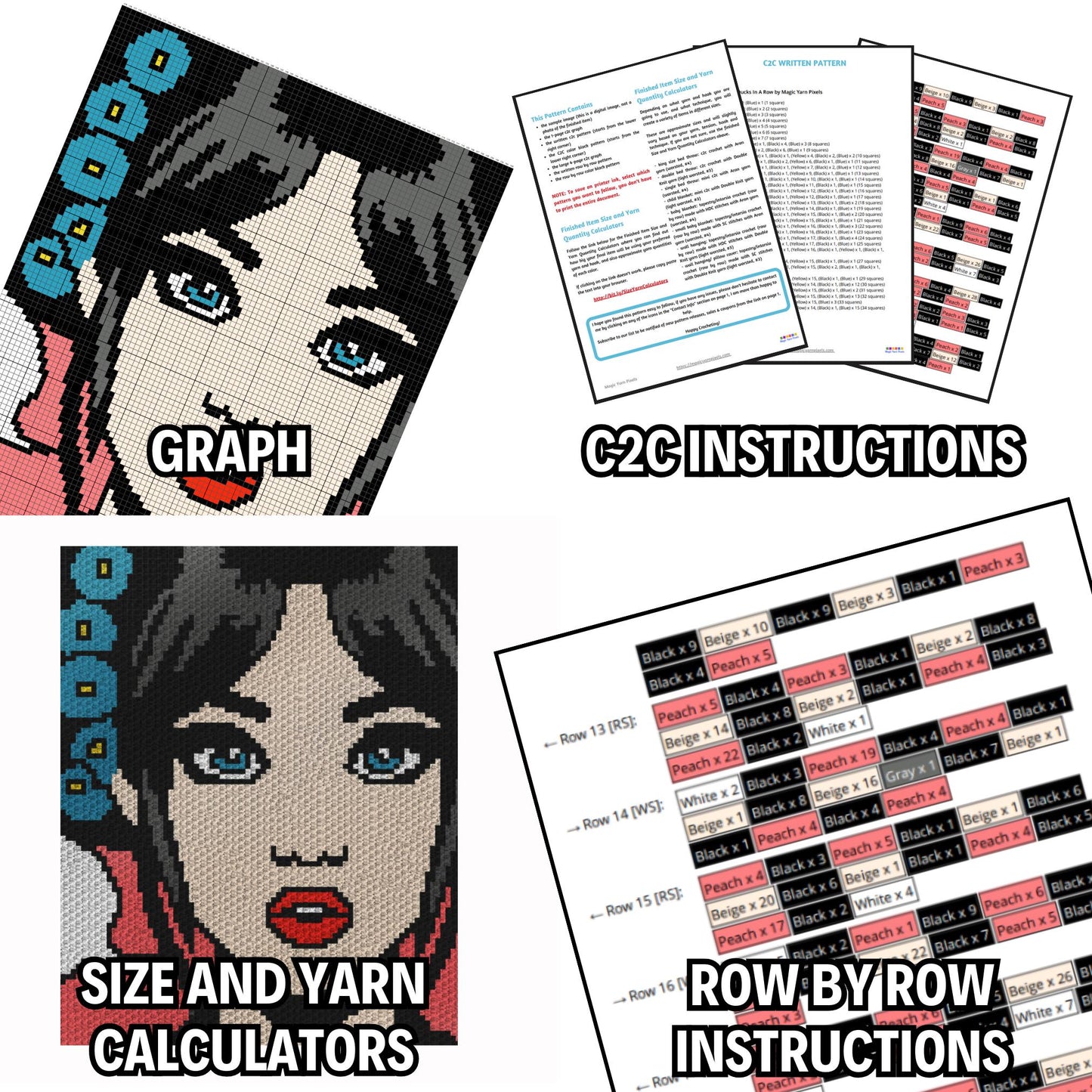 Pop Art Comic Book Girl Portrait Graph & Written Pattern For C2C + Tapestry | C2C Crochet Girl Blanket Pattern C2C Pop Art Afghan Gamer Gift