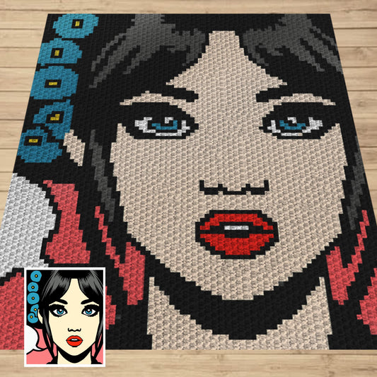 Pop Art Comic Book Girl Portrait Graph & Written Pattern For C2C + Tapestry | C2C Crochet Girl Blanket Pattern C2C Pop Art Afghan Gamer Gift