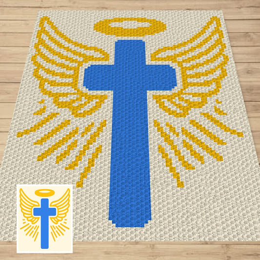Cross With Wings And Halo Graph + Pattern C2C & Tapestry Crochet | C2C Cross Blanket, Church Angel Afghan, Christian Faith Crochet Blanket