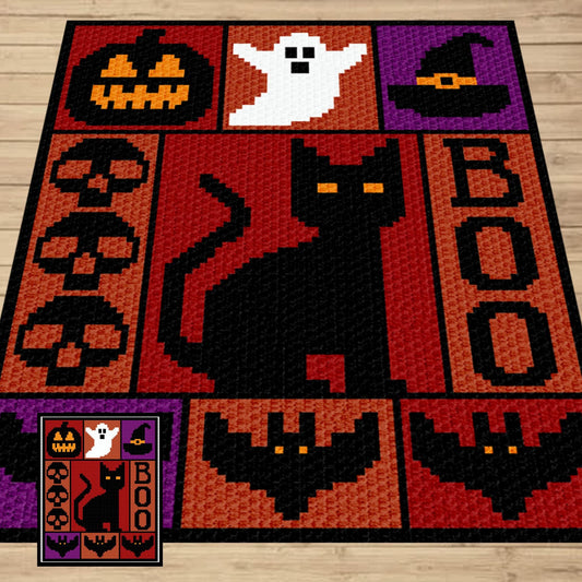 Halloween Crochet Blanket Graph and Pattern for C2C & Tapestry Crochet | C2C Halloween Afghan | Ghost Jack Lantern Pumpkin Black Cat Blanket
