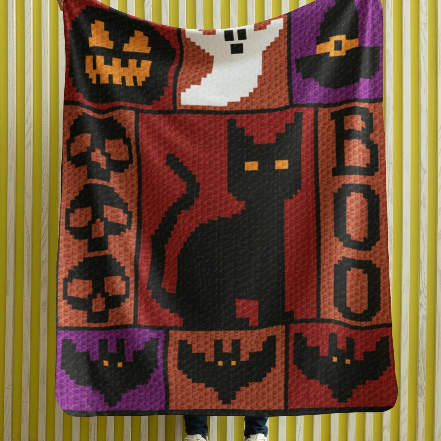 Halloween Crochet Blanket Graph and Pattern for C2C & Tapestry Crochet | C2C Halloween Afghan | Ghost Jack Lantern Pumpkin Black Cat Blanket